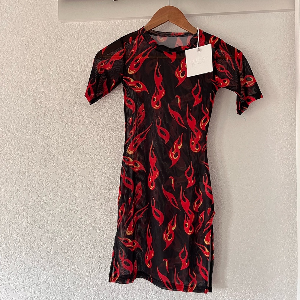 NWT Sheer Outcast Mini Flame Mesh Dress